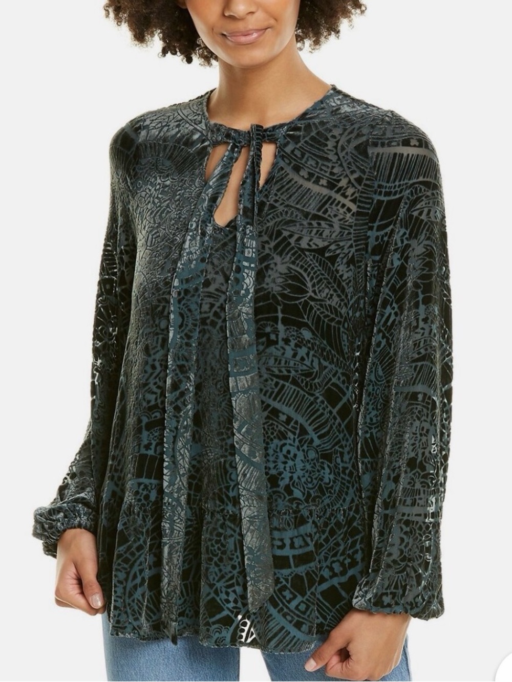 Johnny Was Jade Algol Velvet  Long Sleeve Tie-Neck Peplum Blouse in Teal & Black